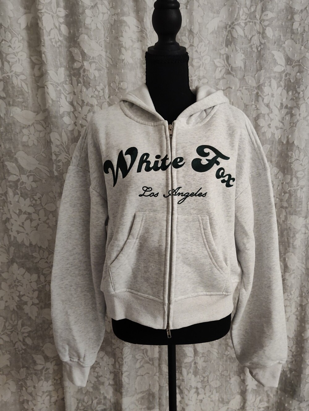 White Fox Boxy Zip Front Hoodie Gray Marle S/M